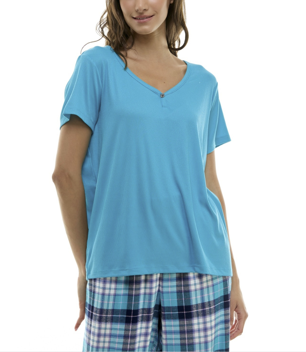 Roudelain Women Short Sleeve Ribbed Henley Sleep Top Maui Blue Size S